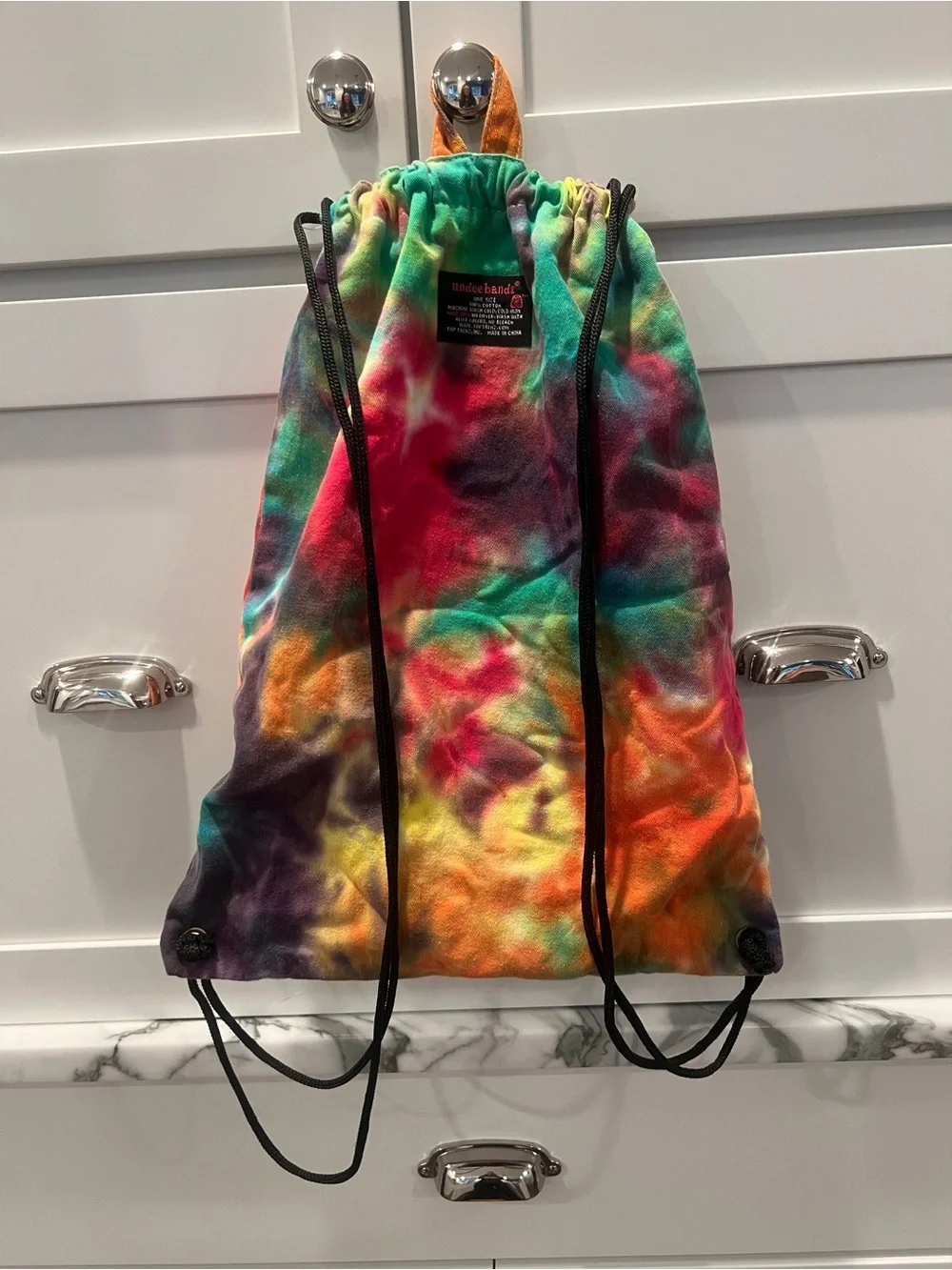 Undee Bandz Drawstring Backpack Tie Dyed with Multicolor Grommets Peace Symbol